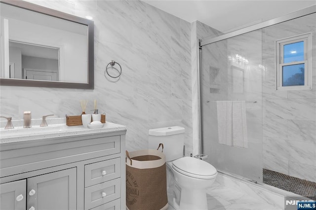 bathroom featuring toilet, tile walls, an enclosed shower, and vanity