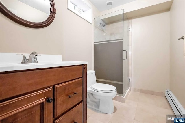 bathroom featuring vanity, a shower with door, toilet, and a baseboard heating unit