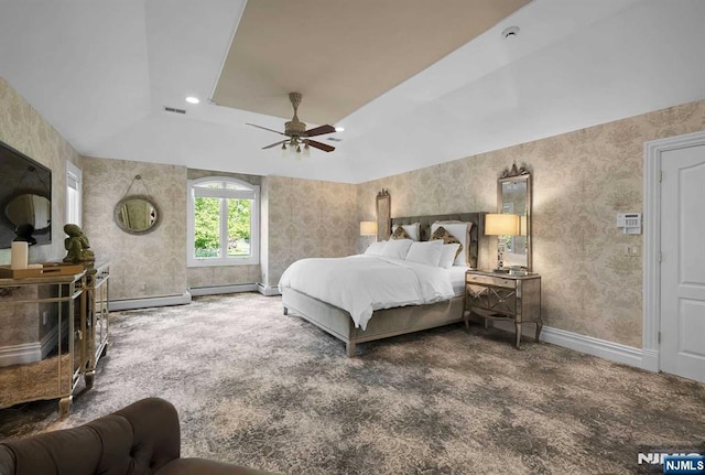 bedroom featuring recessed lighting, visible vents, baseboard heating, baseboards, and wallpapered walls