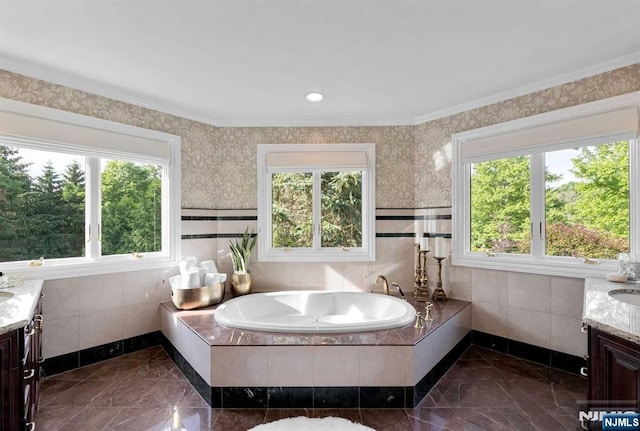 bathroom with marble finish floor, plenty of natural light, a garden tub, and vanity