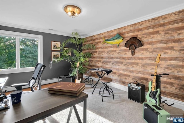 office with carpet floors, ornamental molding, and baseboards