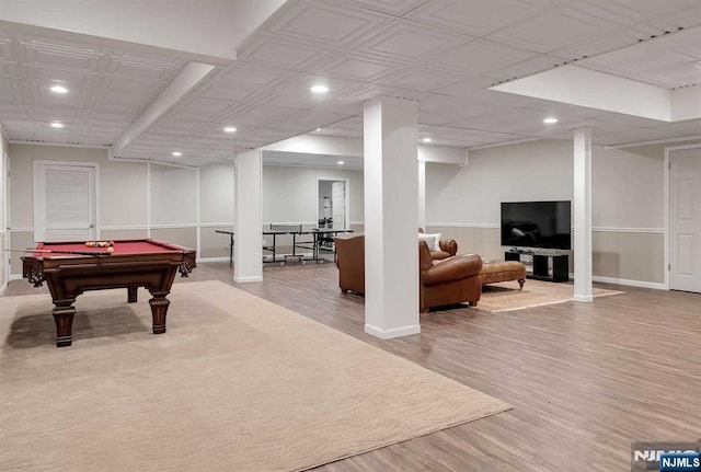 playroom featuring light wood-type flooring, recessed lighting, baseboards, and pool table