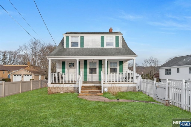 bungalow-style home with a fenced front yard, covered porch, roof with shingles, a front lawn, and a chimney