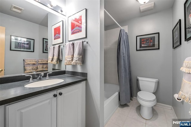 bathroom featuring shower / tub combo, visible vents, toilet, tile patterned floors, and vanity