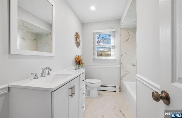 full bath with toilet, a baseboard radiator, marble finish floor, bathtub / shower combination, and vanity