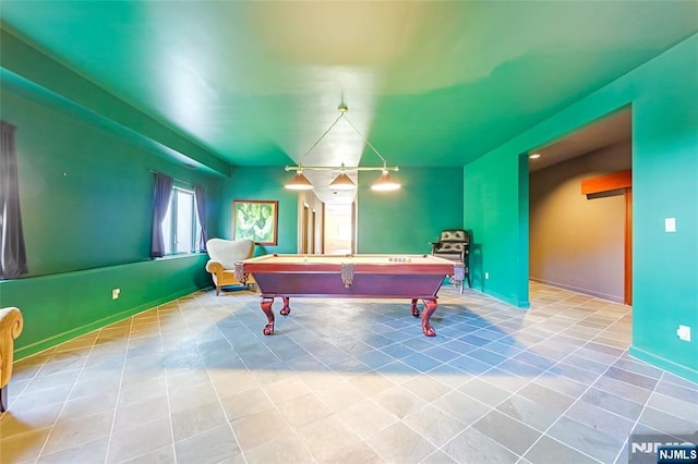 rec room featuring tile patterned floors, billiards, and baseboards