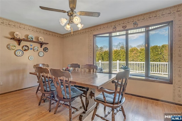 dining space featuring a ceiling fan, light wood-type flooring, a wealth of natural light, and baseboards