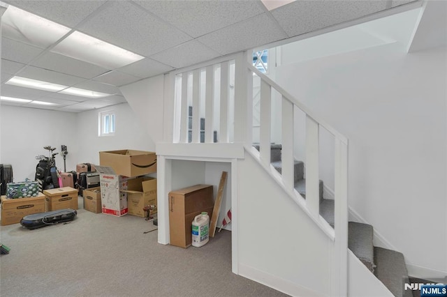 below grade area featuring carpet floors, stairs, and a paneled ceiling