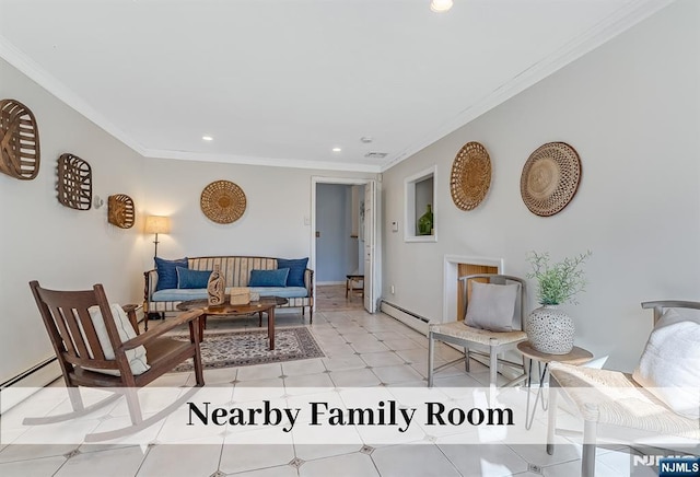 living room featuring visible vents, baseboards, baseboard heating, crown molding, and recessed lighting