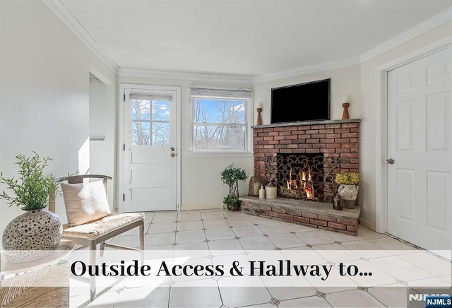 interior space with a fireplace and crown molding