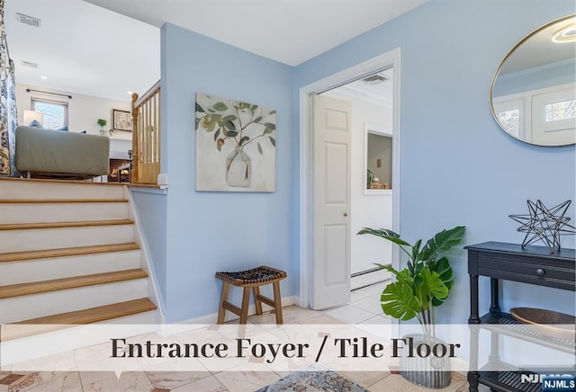 stairs with a baseboard radiator, visible vents, and baseboards