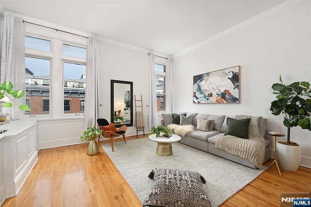 living room featuring ornamental molding and light wood-style flooring