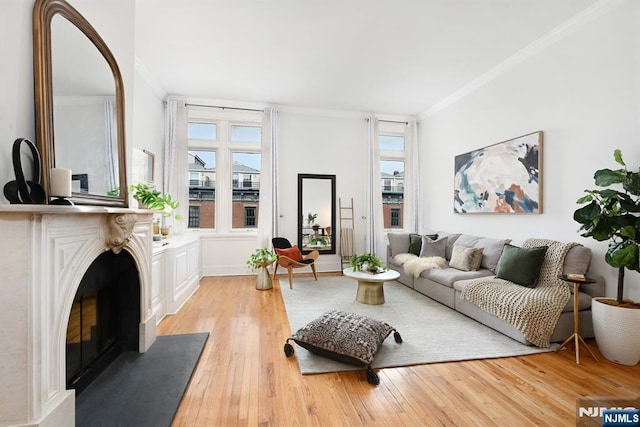 living area with light wood finished floors, ornamental molding, and a fireplace with flush hearth