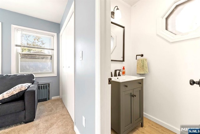 bathroom with vanity, radiator heating unit, and baseboards