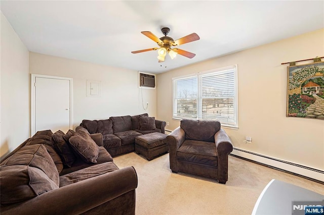 living room featuring light carpet, ceiling fan, baseboard heating, and a wall mounted air conditioner