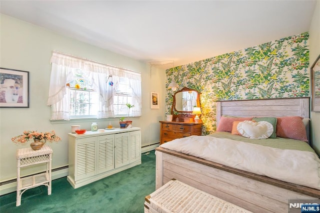 carpeted bedroom with a baseboard radiator, baseboards, and wallpapered walls