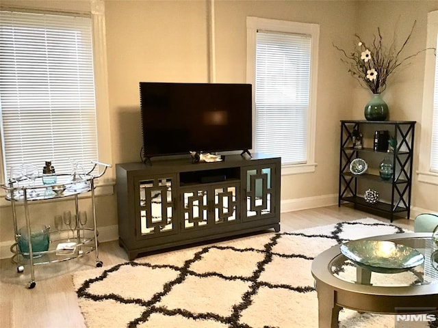 living room with light wood-type flooring and baseboards