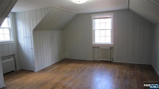 bonus room featuring vaulted ceiling, wood finished floors, and radiator