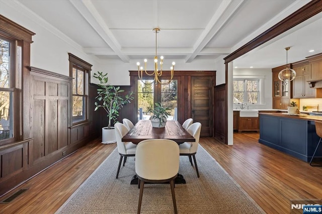 dining space with dark wood finished floors, visible vents, an inviting chandelier, coffered ceiling, and beamed ceiling