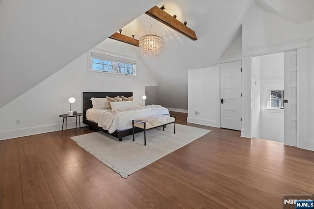 bedroom with vaulted ceiling with beams, baseboards, dark wood finished floors, and a chandelier