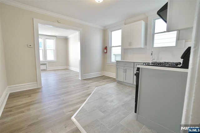 kitchen with radiator, light wood-type flooring, ornamental molding, and baseboards