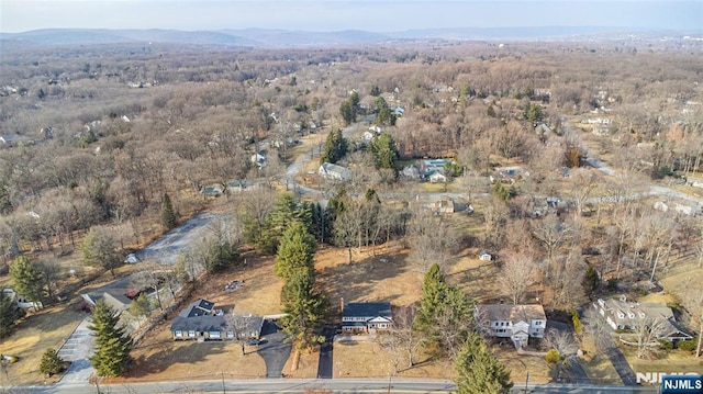 birds eye view of property with a forest view and a mountain view