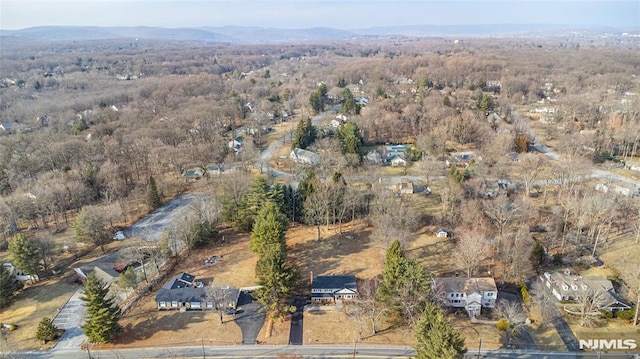 birds eye view of property featuring a mountain view and a wooded view