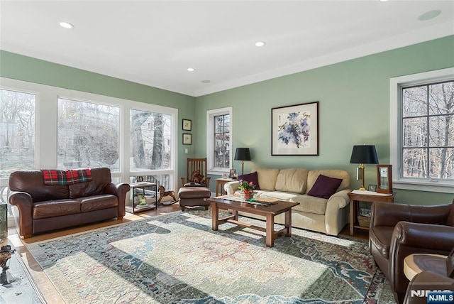 living area featuring wood finished floors and recessed lighting