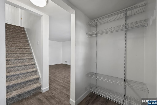 spacious closet with dark wood finished floors