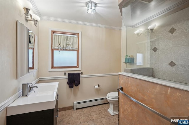 bathroom featuring toilet, vanity, ornamental molding, baseboard heating, and walk in shower