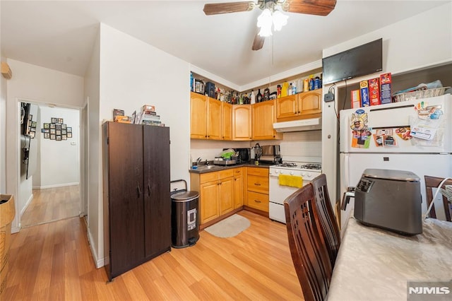 kitchen with light wood-style floors, dark countertops, white appliances, and under cabinet range hood