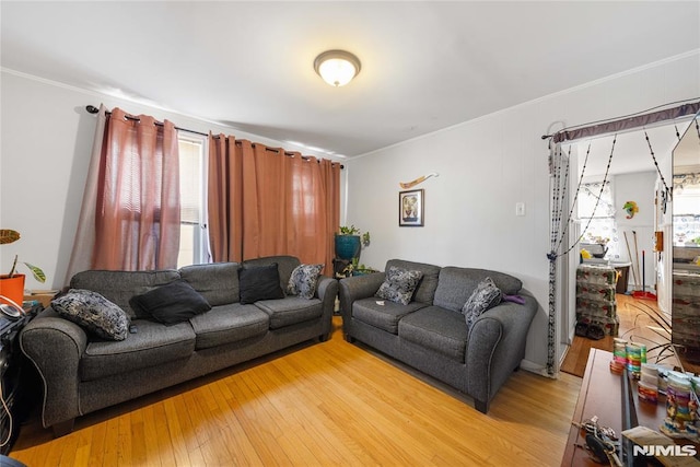 living room featuring ornamental molding and wood finished floors