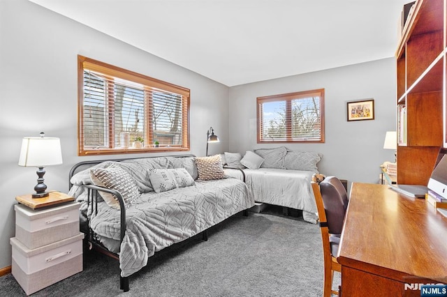 bedroom featuring multiple windows and dark carpet