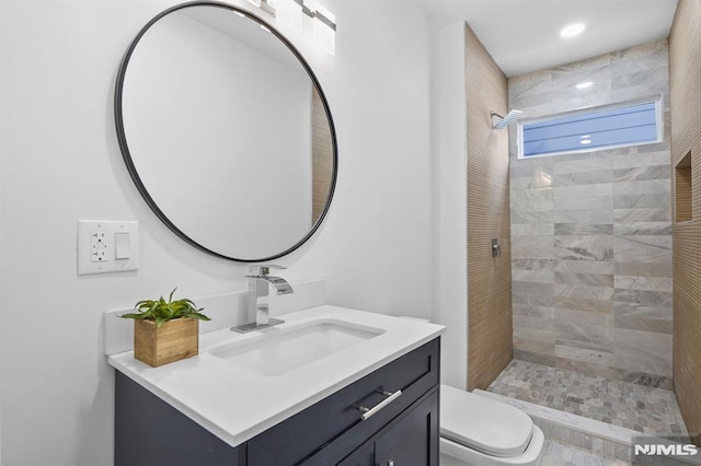 bathroom featuring vanity, toilet, and a shower stall