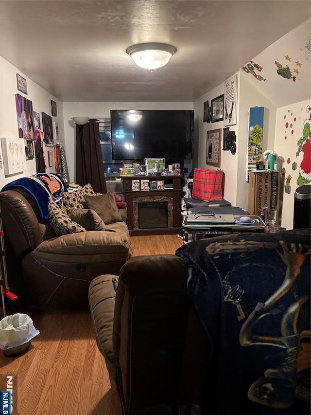 living room with a fireplace and wood finished floors