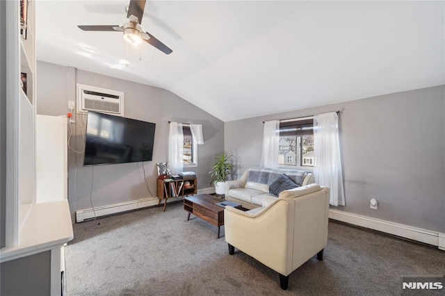 living area featuring vaulted ceiling, dark colored carpet, a baseboard radiator, and a wall unit AC