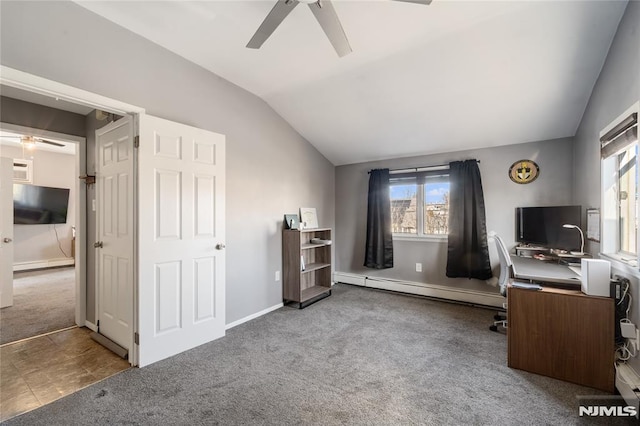 carpeted office with a baseboard heating unit, ceiling fan, vaulted ceiling, and baseboards