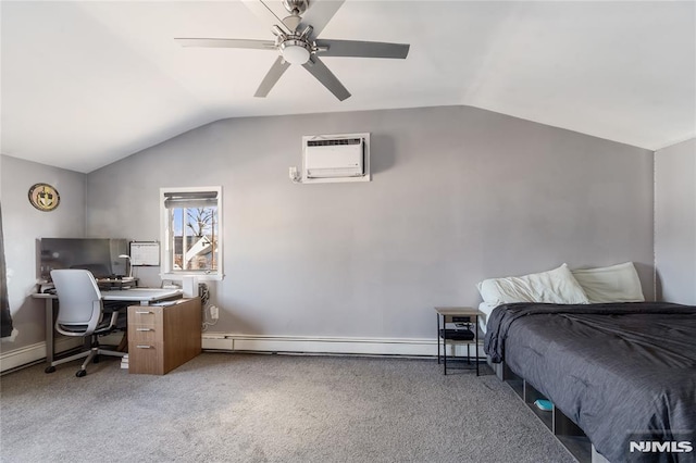 bedroom featuring lofted ceiling, ceiling fan, a wall mounted AC, and carpet