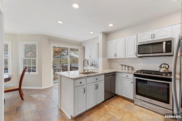 kitchen featuring a peninsula, appliances with stainless steel finishes, white cabinets, and a sink