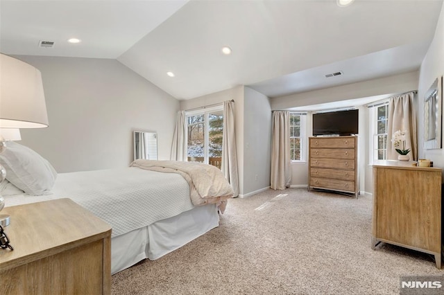 bedroom with recessed lighting, visible vents, light carpet, vaulted ceiling, and baseboards