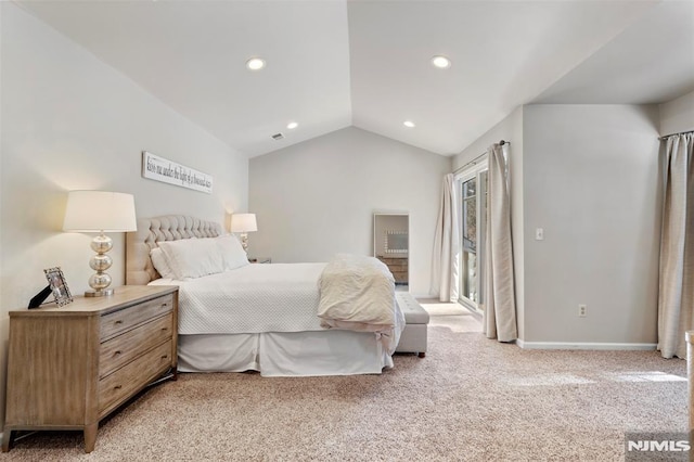 bedroom with light carpet, visible vents, baseboards, lofted ceiling, and recessed lighting