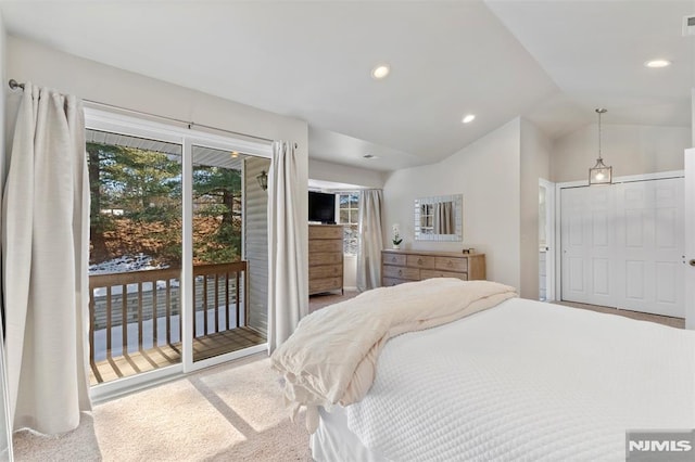 bedroom with recessed lighting, carpet floors, visible vents, access to exterior, and vaulted ceiling