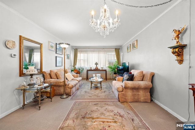 sitting room featuring a notable chandelier, baseboards, ornamental molding, and carpet flooring