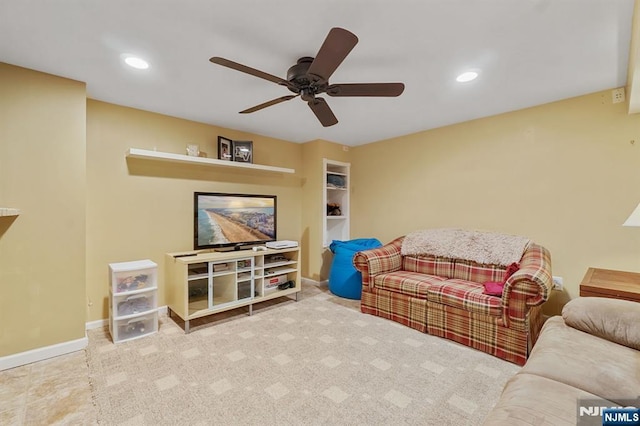 living area with baseboards, carpet flooring, a ceiling fan, and recessed lighting