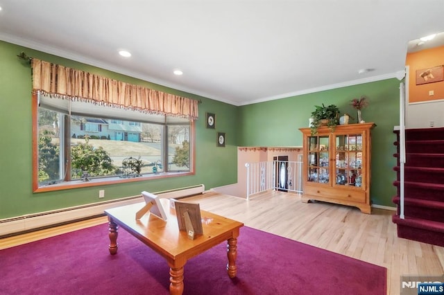 living room with crown molding, a baseboard radiator, recessed lighting, wood finished floors, and stairs