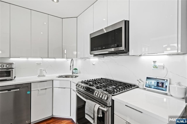 kitchen featuring white cabinets, a sink, stainless steel appliances, and light countertops