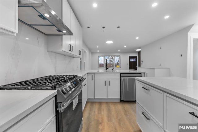 kitchen featuring stainless steel appliances, white cabinetry, a sink, and wall chimney range hood