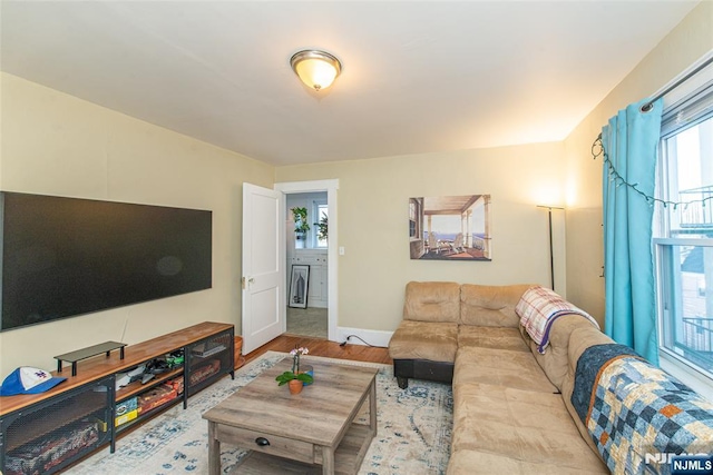 living room with baseboards and wood finished floors