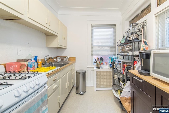 kitchen with white appliances, plenty of natural light, light floors, and a sink