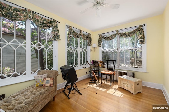 sunroom / solarium featuring baseboards, radiator, and wood finished floors